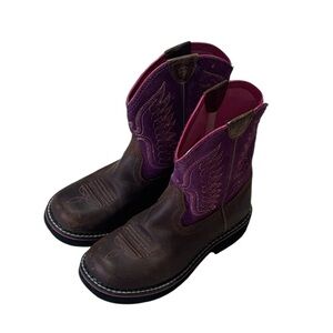 Ariat Girl’s Babyfat  Western Cowboy, leather cowgirl Boots, purple, brown, 13.5